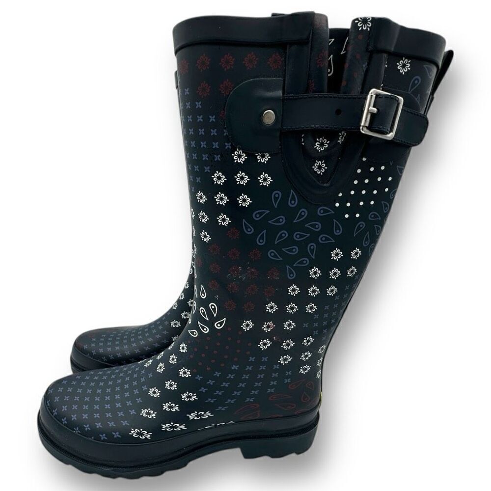 New Western Chief Womens Pretty Pattern Printed Tall Rain Boots Navy Blue Size 6